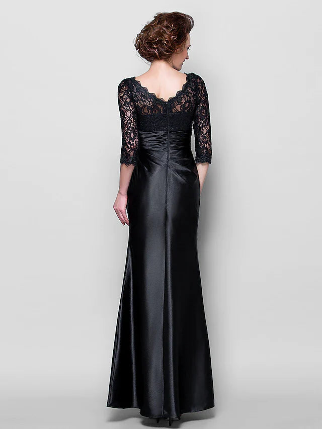 Wholesale Mother of the Bride Dress See Through Jewel Neck Floor Length Stretch Satin Lace Over Satin Length Sleeve with Lace Ruched Side Draping